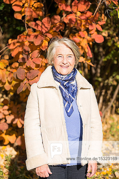 Sunny portrait of a pretty senior woman in front of a tree with autumnal colors.