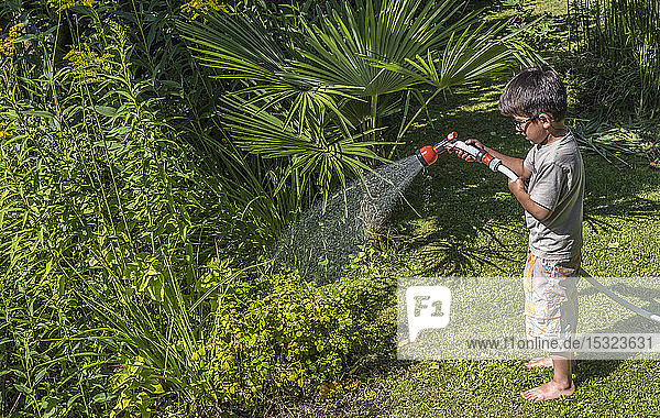 Fünfjähriger Junge beim Gießen der Pflanzen mit einem Schlauch