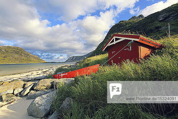 Norway Lofoten Islands Flakstadpollen bay red hut
