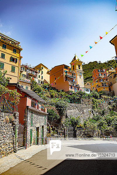 Manarola  Liguria  Italy - August 09  2018 - view of a street and church