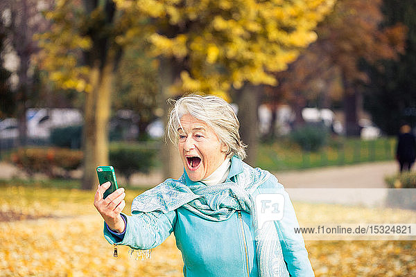 View of a smilling and espressive pretty senior woman looking at his phone on yellow leaves in front of a trees with autumnal colors.