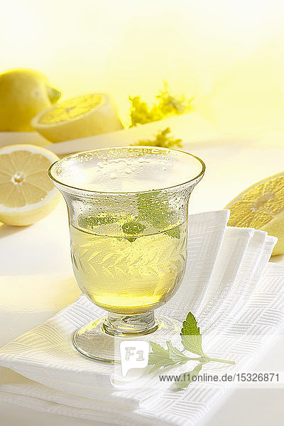 Ein Glas hausgemachter Limoncello mit frischen Zitronen auf einer Serviette