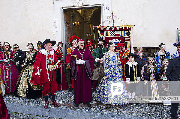 Italy  Liguria  Imperia  Arma di Taggia  historical reenactment 500 figures in costume of the era parade through the historic center.