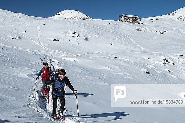 Italy  Lombardy  Orobie Alps Regional Park  snowshoeing at Piani d'Alben  Gherardi Hut