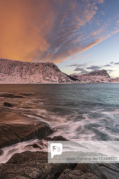 A dramatic sunset at Haukland Beach Lofoten Nordland Arctic Norway Europe