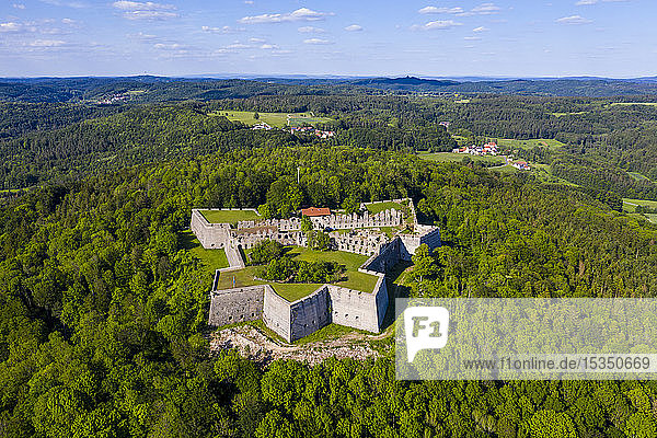 Aerial by drone of Fortress Rothenberg Franconia Bavaria Germany Europe