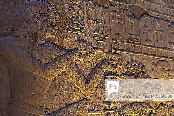 Hieroglyphen im Luxor-Tempel bei Nacht beleuchtet  Luxor  Theben  UNESCO-Weltkulturerbe  Ägypten  Nordafrika  Afrika