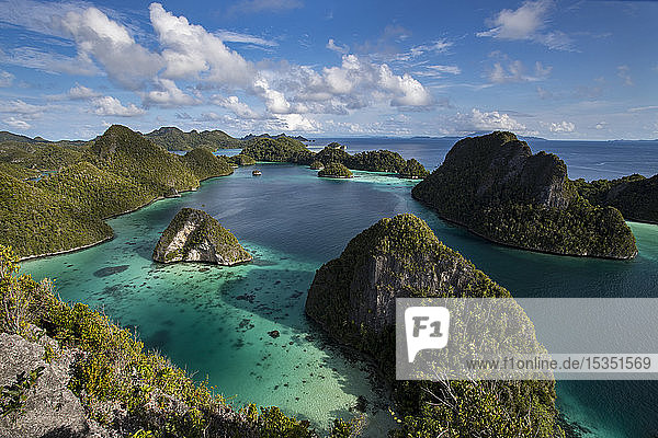 Aerial view of lagoon and karst limestone formations in Wayag Island  Raja Ampat  West Papua  Indonesia  Southeast Asia  Asia