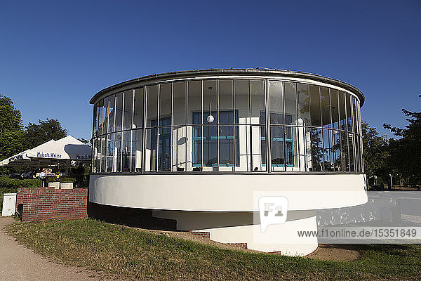 The semi-circular balcony of the Kornhaus restaurant designed by Carl Feiger of the Bauhaus in Dessau Saxony Anhalt Germany Europe