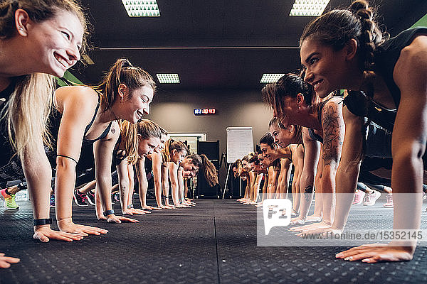 Große Gruppe von Frauen trainiert im Fitnessstudio  in Reihen  die Liegestütze machen
