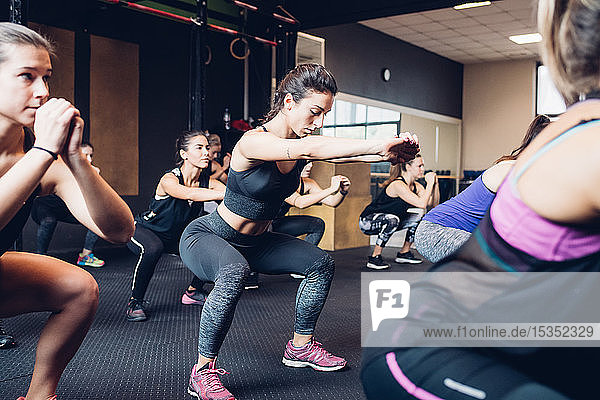 Gruppe von Frauen  die im Fitnessstudio trainieren  hockend