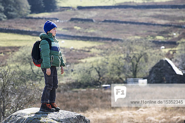 Boy exploring national park Llanaber Gwynedd United Kingdom