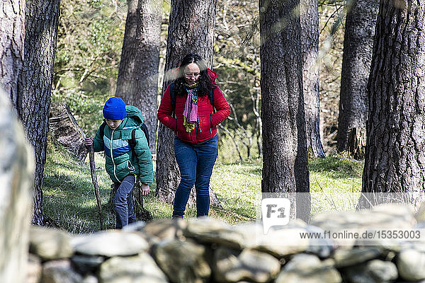 Mutter und Sohn erkunden den Nationalpark  Llanaber  Gwynedd  Vereinigtes Königreich