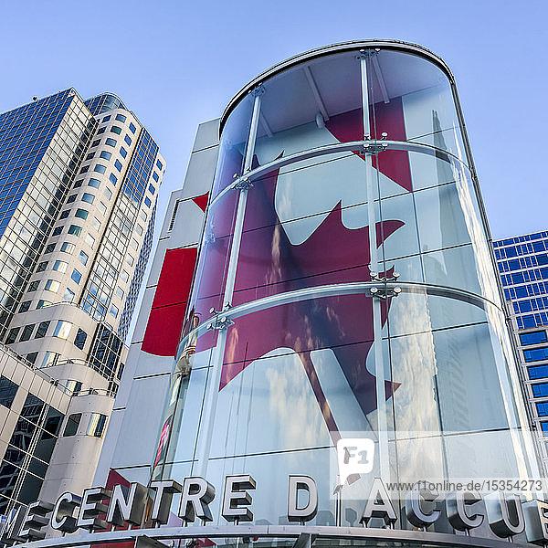 Red maple leaf art installation on sign; Vancouver British Columbia Canada