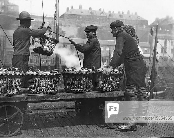 Magic lantern slide circa 1880.  Victorian/Edwardian Social History. Landing Herring at North Shields Fish Quay. Three fishermen with baskets and crane unloading herring from the ship and stacking on a trolley cart; North Shields  Tyne and Wear  England