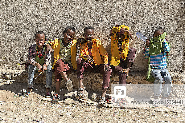 Ethiopian boys sitting and laughing  Harar Jugol  the Fortified Historic Town; Harar  Harari Region  Ethiopia