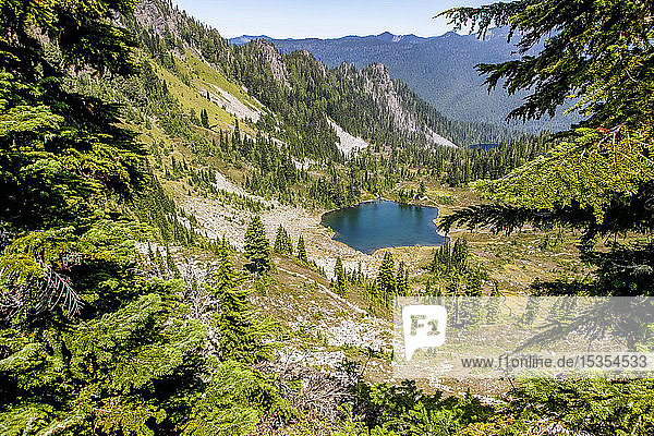 Blick auf den Round Lake  High Divide Trail  Seven Lakes Basin  Olympic Mountains  Olympic National Park  Washington im Sommer; Washington  Vereinigte Staaten von Amerika