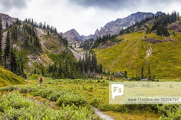 Man hiking in Royal Basin  Olympic Mountains  Olympic National Park; Washington  United States of America