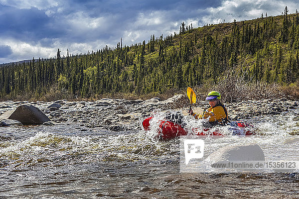 Rucksacktouristin  die im Sommer einen Nebenfluss des Charley River durchquert und durch das letzte Stück einer Stromschnelle spritzt  Yukonâ€ Charley Rivers National Preserve; Alaska  Vereinigte Staaten von Amerika