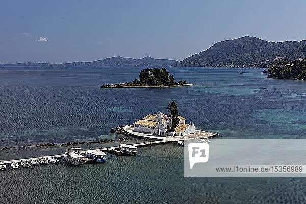 Klosterinsel Vlacherna und Mausinsel  Halbinsel Kanoni  Insel Korfu  Ionische Inseln  Griechenland  Europa