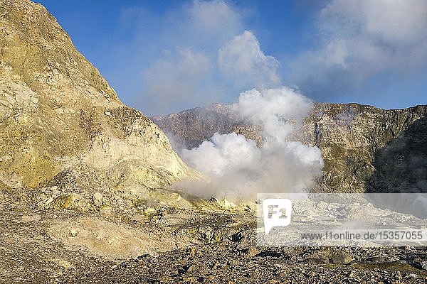Felsformationen und gelber Schwefel auf der Vulkaninsel White Island mit aufsteigendem Dampf aus dem Krater  Whakaari  Volcanic Island  Bay of Plenty  Nordinsel  Neuseeland  Ozeanien