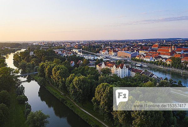 Jahninsel and Unterer Wöhrd  North and South arm of the Danube  Museum of Bavarian History  right Old Town  Regensburg  aerial photo  Upper Palatinate  Bavaria  Germany  Europe