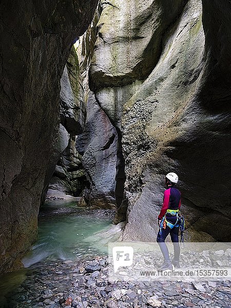 Woman canyoning in the Tauglbach Gorge  Taugler Strubklamm  Taugl  Tennengau  Salzburg  Austria  Europe