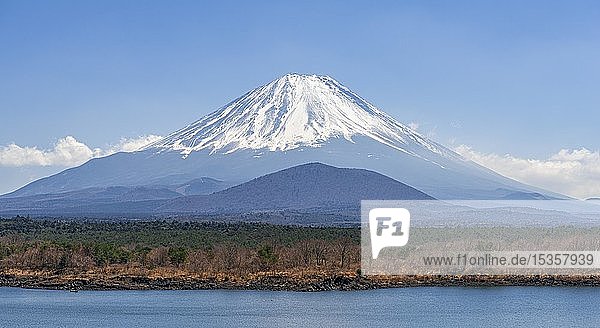 View over a lake to the volcano Mt Fuji  Motosu Lake  Yamanashi Prefecture  Japan  Asia
