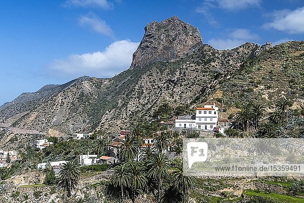 Vallehermoso with landmark Roque Cano  La Gomera  Canary Islands  Spain  Europe