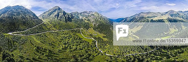 Drone shot  winding mountain road  Sölkpass  Niedere Tauern  Styria  Austria  Europe