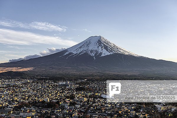 View over Fujiyoshida City and Mount Fuji Volcano  Yamanashi Prefecture  Japan  Asia