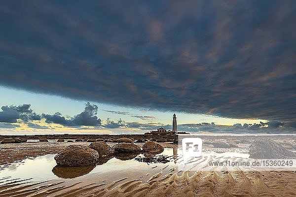 Leuchtturm  St. Mary's Lighthouse bei Ebbe mit Wolken bei Sonnenaufgang  Küste von Tyne  Northumberland  Großbritannien
