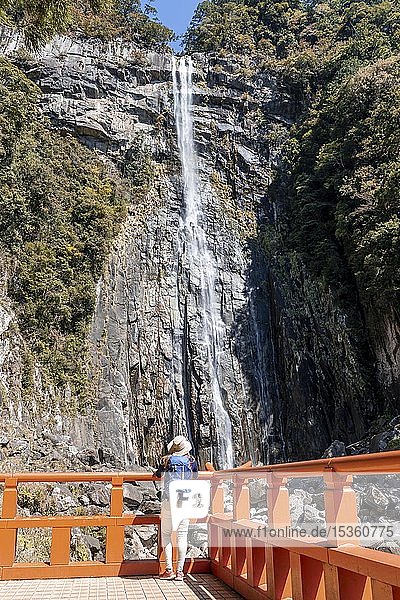 Tourist betrachtet den Nachi-Wasserfall am Seigantoji-Tempel  Nachisan  Wakayama  Japan  Asien