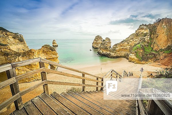 Camilo Beach with wooden walkway to the sandy beach  Lagos  Algarve  Portugal  Europe