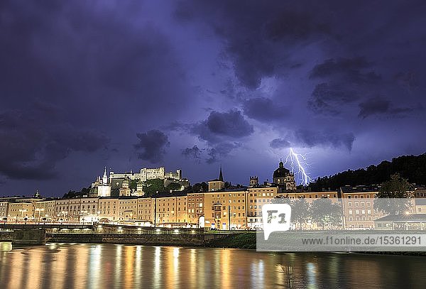 City view  old town and fortress Hohensalzburg with lightning during thunderstorms  Salzburg  Salzburg State  Austria  Europe