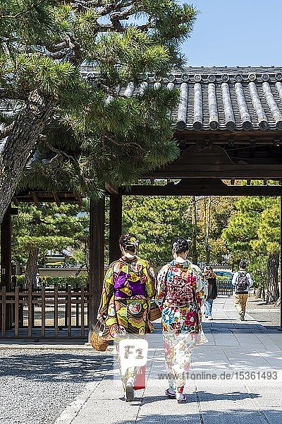 Japanische Frauen mit Kimono  bunter traditioneller Kleidung  im Kennin-ji-Tempel  Altstadt von Kyoto  Higashiyama  Kyoto  Japan  Asien