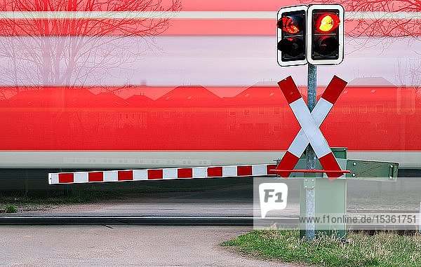 Zug passiert Bahnübergang mit Schranke  bei Löbejün  Sachsen-Anhalt  Deutschland  Europa
