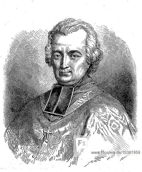 Jean-Louis Anne Madelain Lefebvre de Cheverus  bekannt als Johannes Cheverus  1768-1836  französischer römisch-katholischer Bischof und späterer Kardinal  1880  historischer Holzschnitt  Frankreich  Europa