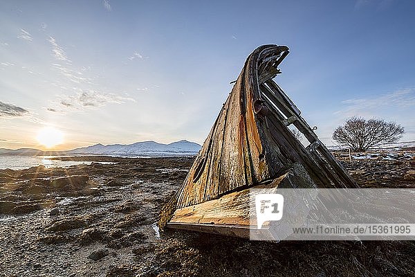 Schiffswrack bei Sonnenaufgang und Ebbe bei der Halbinsel Tisnes Tromsö Norwegen Europa