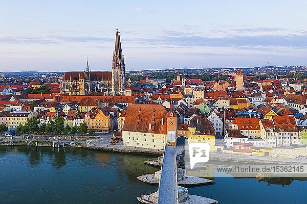 View over old town  cathedral  stone bridge and Danube  Regensburg  aerial view  Upper Palatinate  Bavaria  Germany  Europe