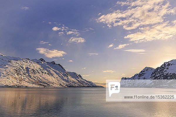 Ersfjord im Winter  Sonnenuntergang  schneebedeckte Berge  Ersfjordbotn  Troms  Norwegen  Europa