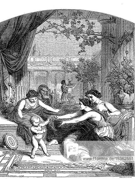 Szene aus Pompeji  mehrere Frauen und ein Baby auf der Terrasse  1880  historischer Holzschnitt  Italien  Europa