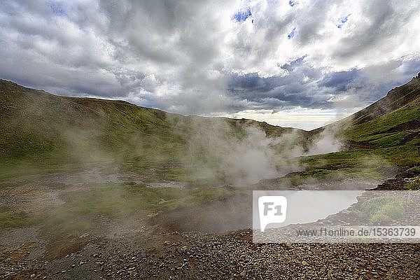 Heißer Quellendampf im Tal  Geothermalgebiet Reykjadalur  bewölkter Himmel  Hveragerði  Hveragerdi  Island  Europa