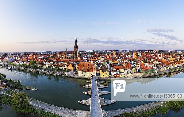 Stone bridge over Danube and old town with cathedral  Regensburg  aerial photo  Upper Palatinate  Bavaria  Germany  Europe