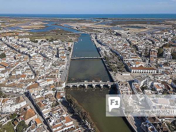 Aerial view  city view with Roman bridge  Tavira  Algarve  Portugal  Europe
