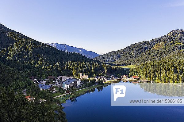 Lake Spitzingsee  townsmall Spitzingsee  Mangfall mountains  drone shot  Upper Bavaria  Bavaria  Germany  Europe