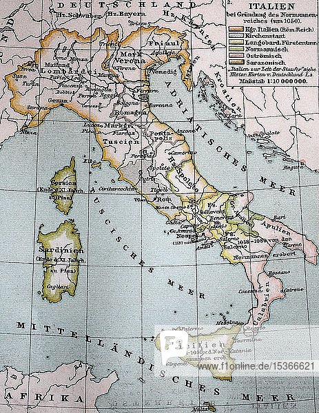 Karte von Italien bei der Gründung des Normannenreiches um 1050  historische Illustration  Italien  Europa