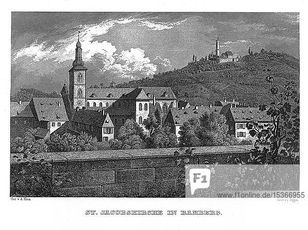 Jakobskirche  Bamberg  Zeichnung von A. Klein  Stahlstich von J. Poppel  1840-54  Königreich Bayern  Deutschland  Europa