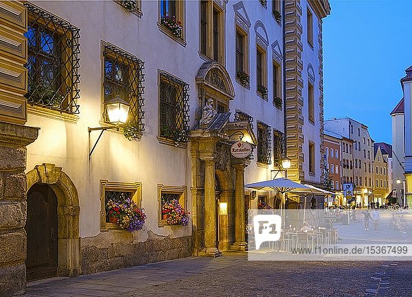 Ratskeller in the Old Town twilight Regensburg Upper Palatinate Bavaria Germany Europe