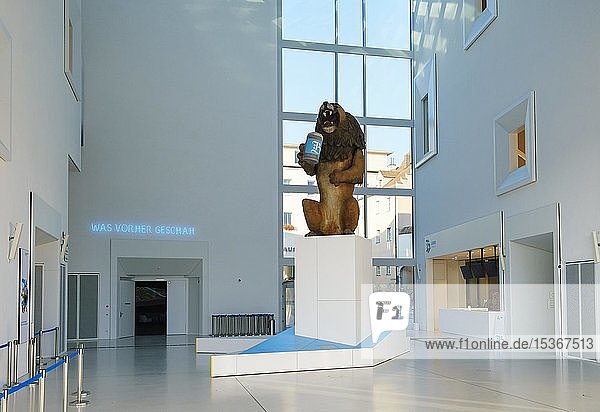 Entrance hall with Löwenbräu lion figure Museum House of Bavarian History Regensburg Upper Palatinate Bavaria Germany Europe